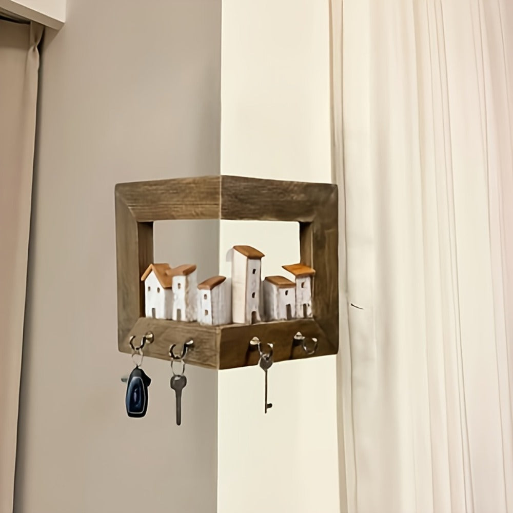 Wall Mounted Key Rack with Hooks - Rustic Wooden Key Holder with 6 House Hooks, Entryway Storage Organizer for Home Bedroom Wall Decor
