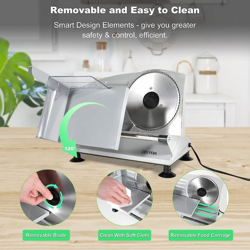 Electric Meat Slicer for Home Use ¨C Deli Food Slicer with 2 Removable Stainless Steel Blades, Adjustable Thickness, Food Carriage for Meat, Cheese & Bread