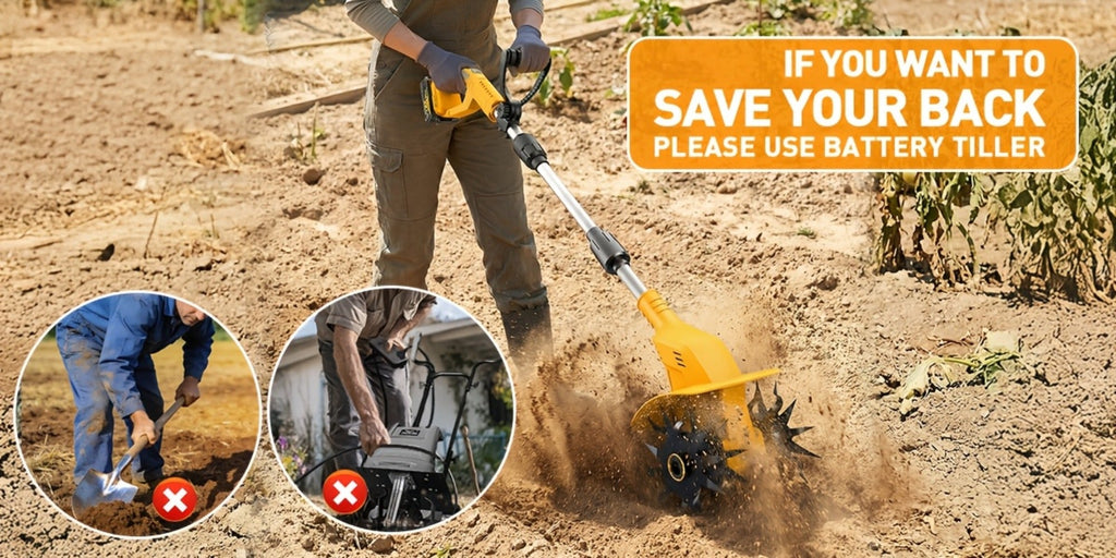 Electric Tiller Cultivator Cordless 20V Battery Powered - 8.6 Inch Tilling Width, Adjustable Ergonomic Handle, Garden Bed & Farm Soil Breaker, Available in Small/Large with 1 or 2 Batteries Included