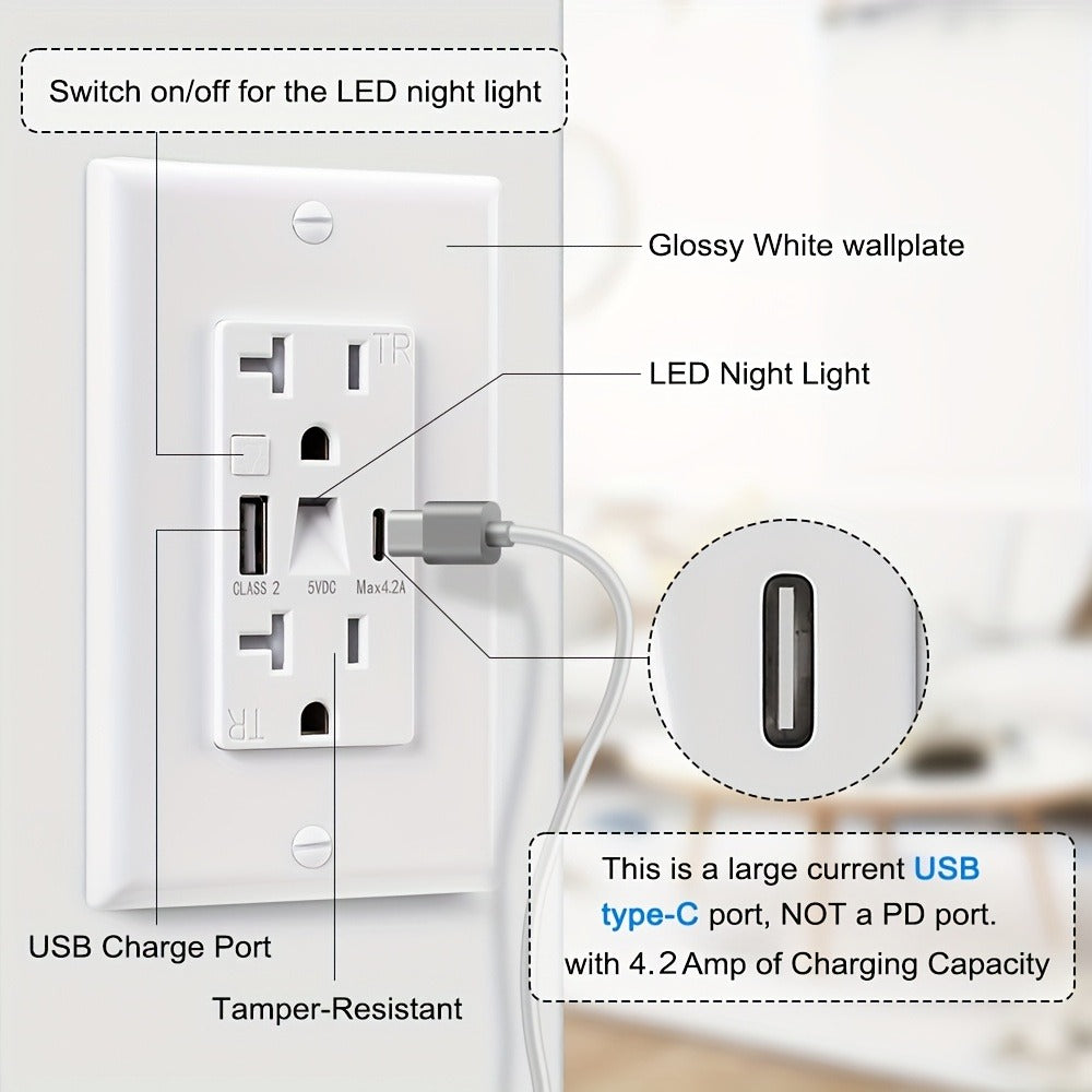 USB Wall Outlet with Night Light 20A 125V Tamper-Resistant - Type A & Type C Ports 5V 4.2A Fast Charging - ETL Listed USB C Electrical Outlet with Wallplate Included - White Smart USB Socket