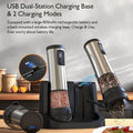 Electric Salt and Pepper Grinder Set Rechargeable USB Large Capacity with Base Automatic Adjustable Coarseness LED Display Kitchen Gift Silver Black
