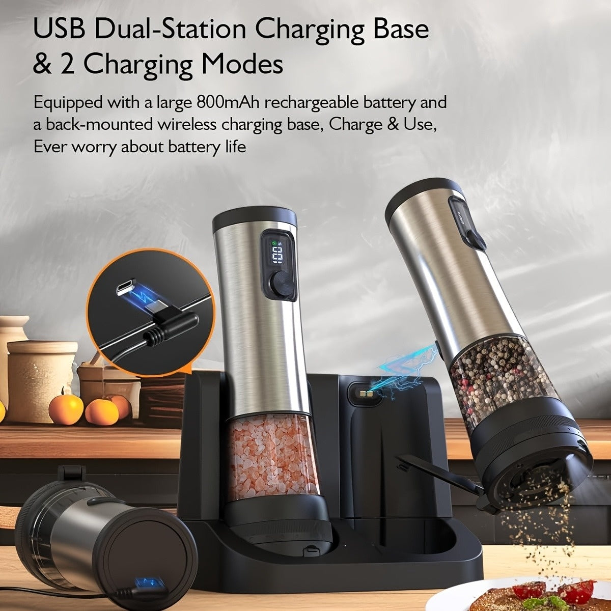 Electric Salt and Pepper Grinder Set Rechargeable USB Large Capacity with Base Automatic Adjustable Coarseness LED Display Kitchen Gift Silver Black