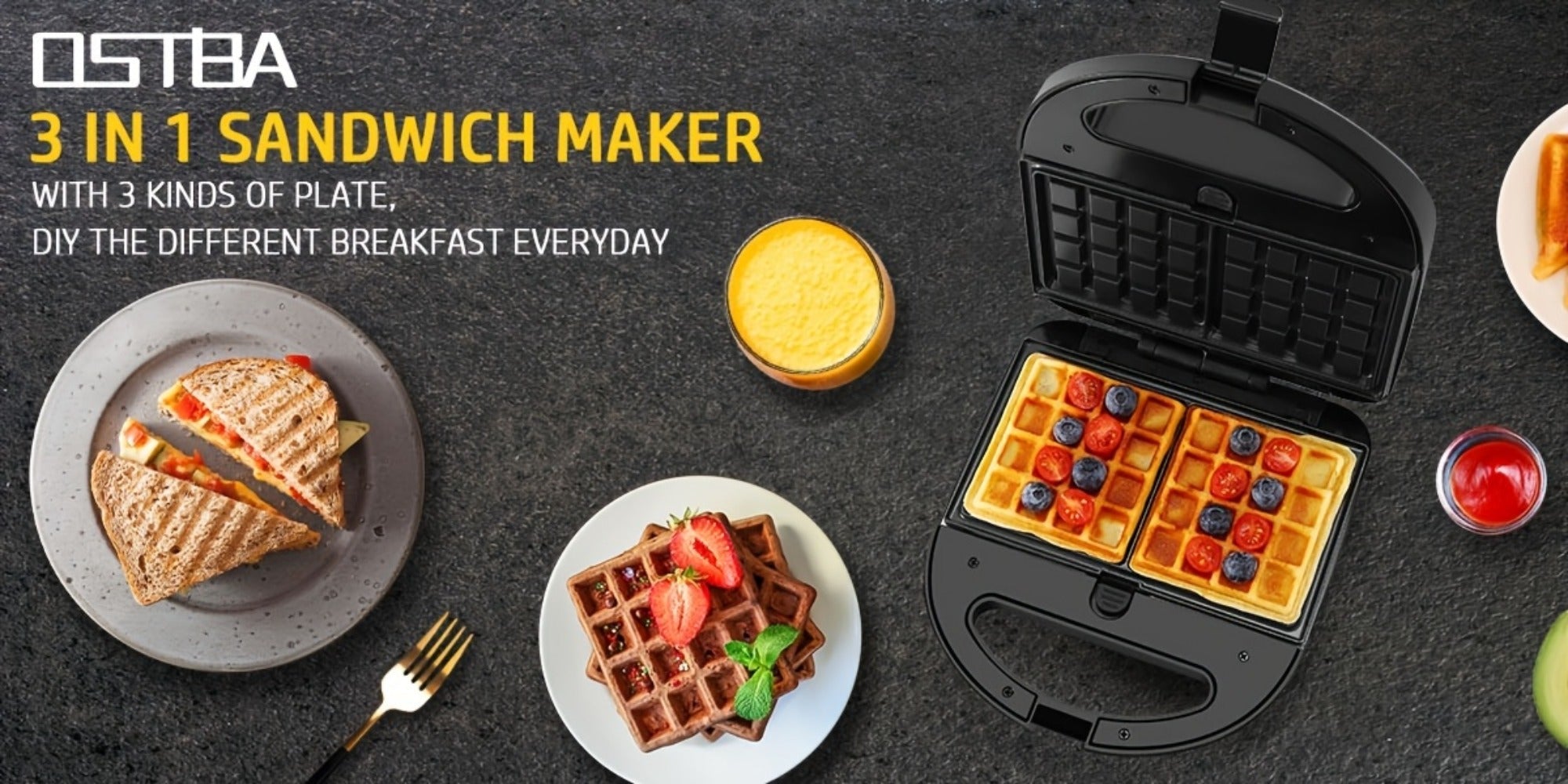 OSTBA 3-in-1 Sandwich Maker Panini Press Waffle Iron 750W Removable Non-Stick Plates for Breakfast Sandwiches Grilled Cheese Waffles Steak BBQ Black