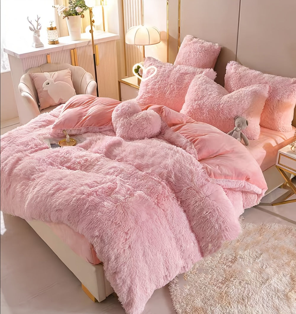 Fluffy Bedding Set 4pcs Soft Warm Plush Duvet Cover with Pillowcases Queen King - Cozy Autumn Winter Comforter Set 8 Colors