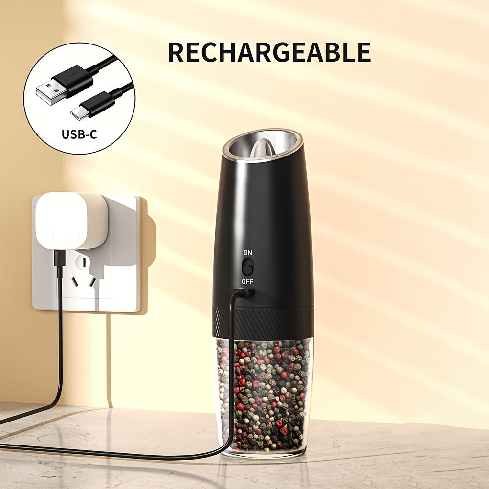 Electric Salt and Pepper Grinder Gravity Sensing USB Rechargeable with LED Light, One-Hand Operation Automatic Pepper Mill Adjustable Coarseness, Battery or Type-C Powered Kitchen Spice Grinder Set 1-2pcs