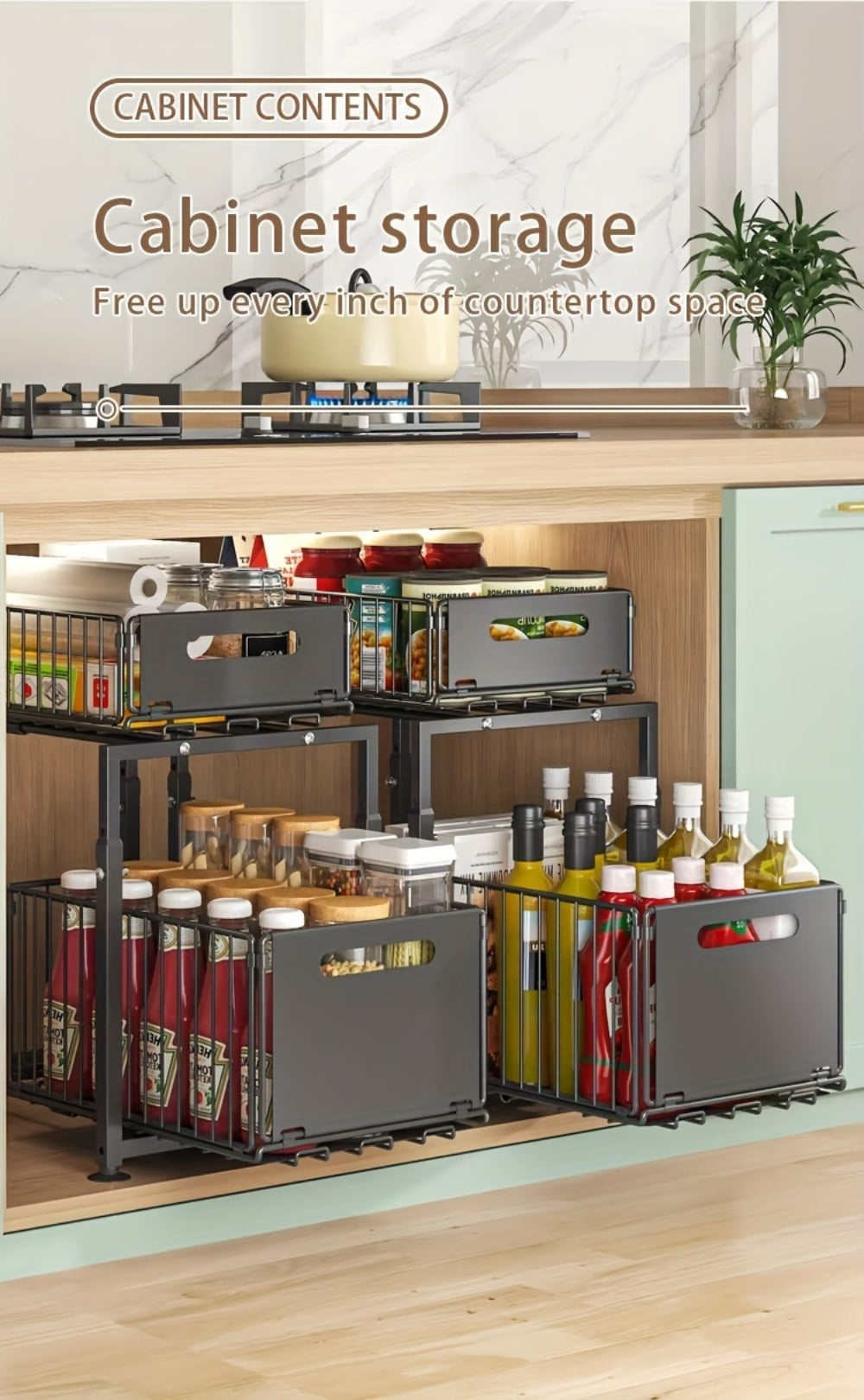 Under Sink Organizer 2-Tier Slide Out Pull Out Drawer Metal Basket Height Adjustable - Under Sink Cabinet Organizer for Kitchen Bathroom Storage, Sliding Shelf Rack for Cleaning Supplies Toiletries