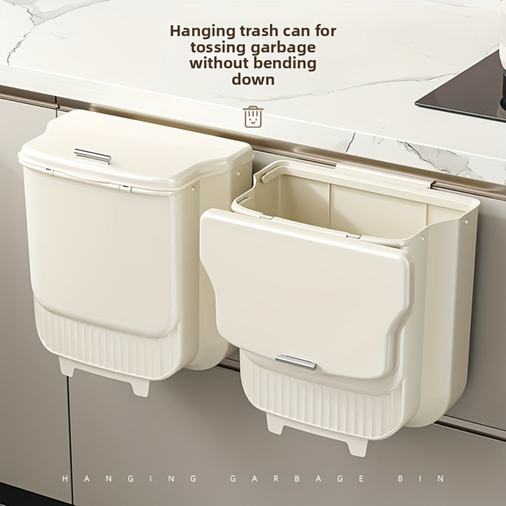 Collapsible Trash Can with Lid Wall Mounted Cabinet Door Hanging Waste Bin 1.85 Gallon Kitchen Bathroom Odor Control Space Saving Garbage Can