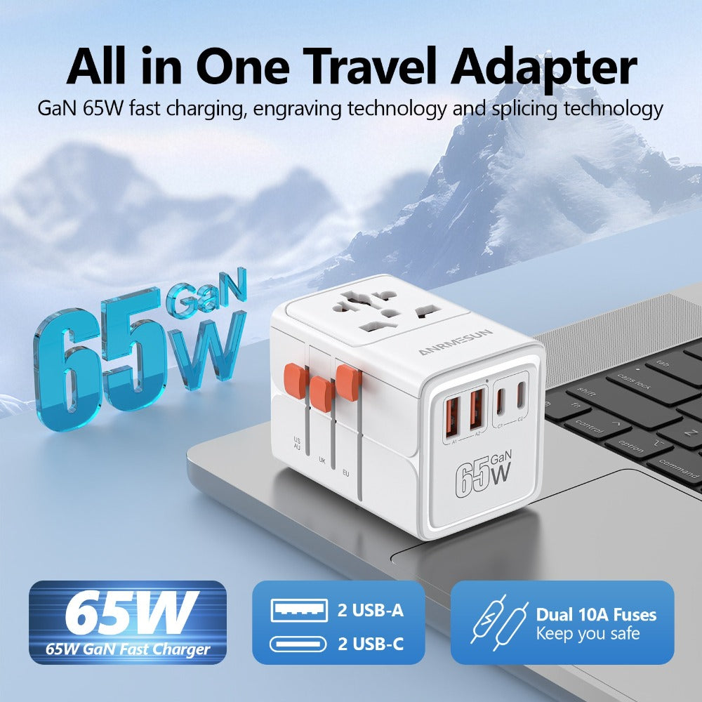 65W Universal Travel Adapter with 4 USB Ports - 2 USB-C & 2 USB-A Fast Charging, US EU UK AU Plugs, 100-240V Input, Overload & Short Circuit Protection, 200+ Countries, White & Black