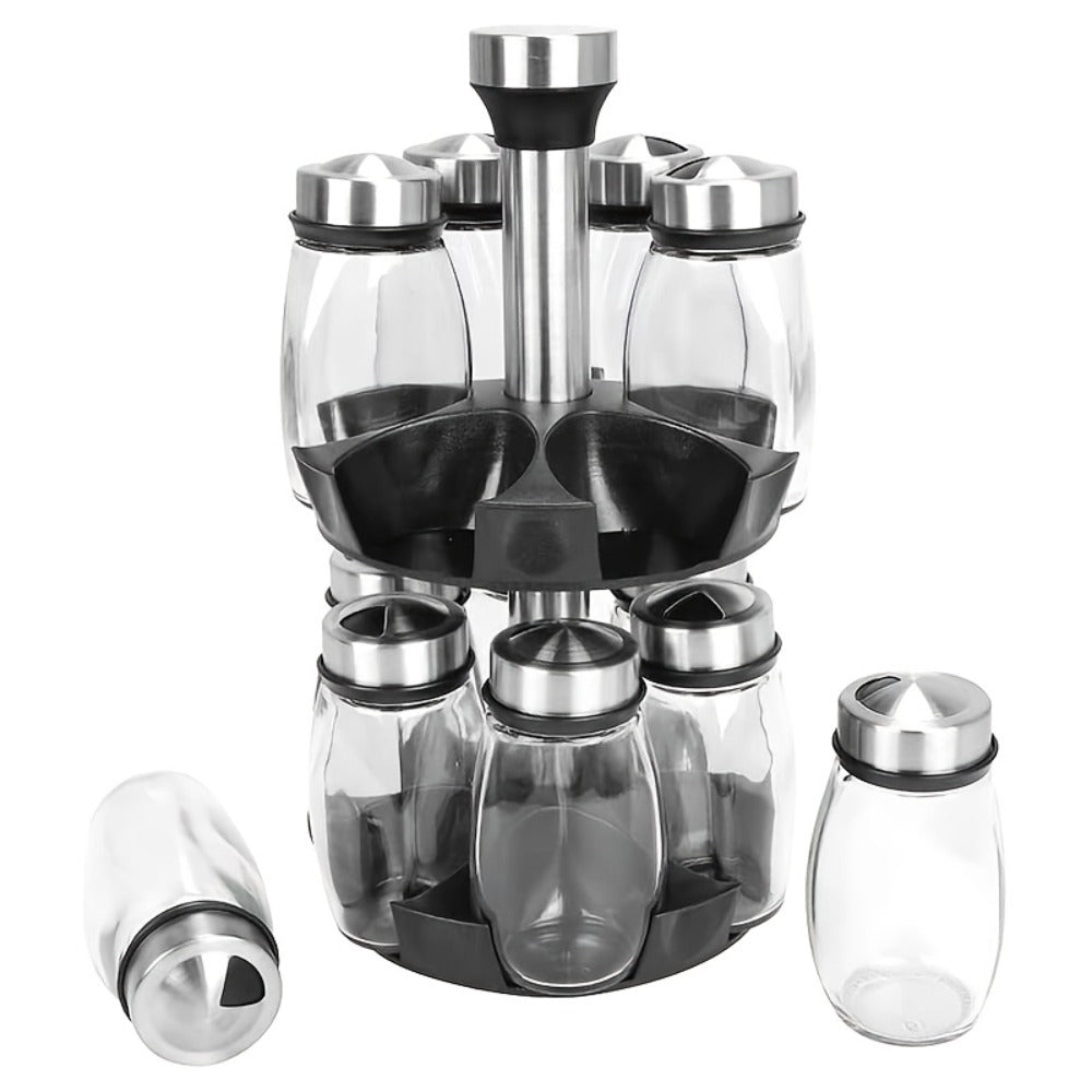 Glass Spice Jar Set with Rotating Rack ¨C Airtight Kitchen Spice Organizer with 360¡ã Stainless Steel Stand ¨C Food Grade Glass Seasoning Bottles for Pantry, Cabinet & Countertop Storage ¨C 6 or 12 Piece