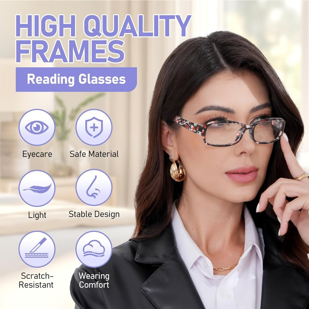 Reading Glasses 5 Pairs Square Fashion Printed Multicolor Frames Men Women 1.0X-4.0X Magnification High Definition Lenses Daily Office Use