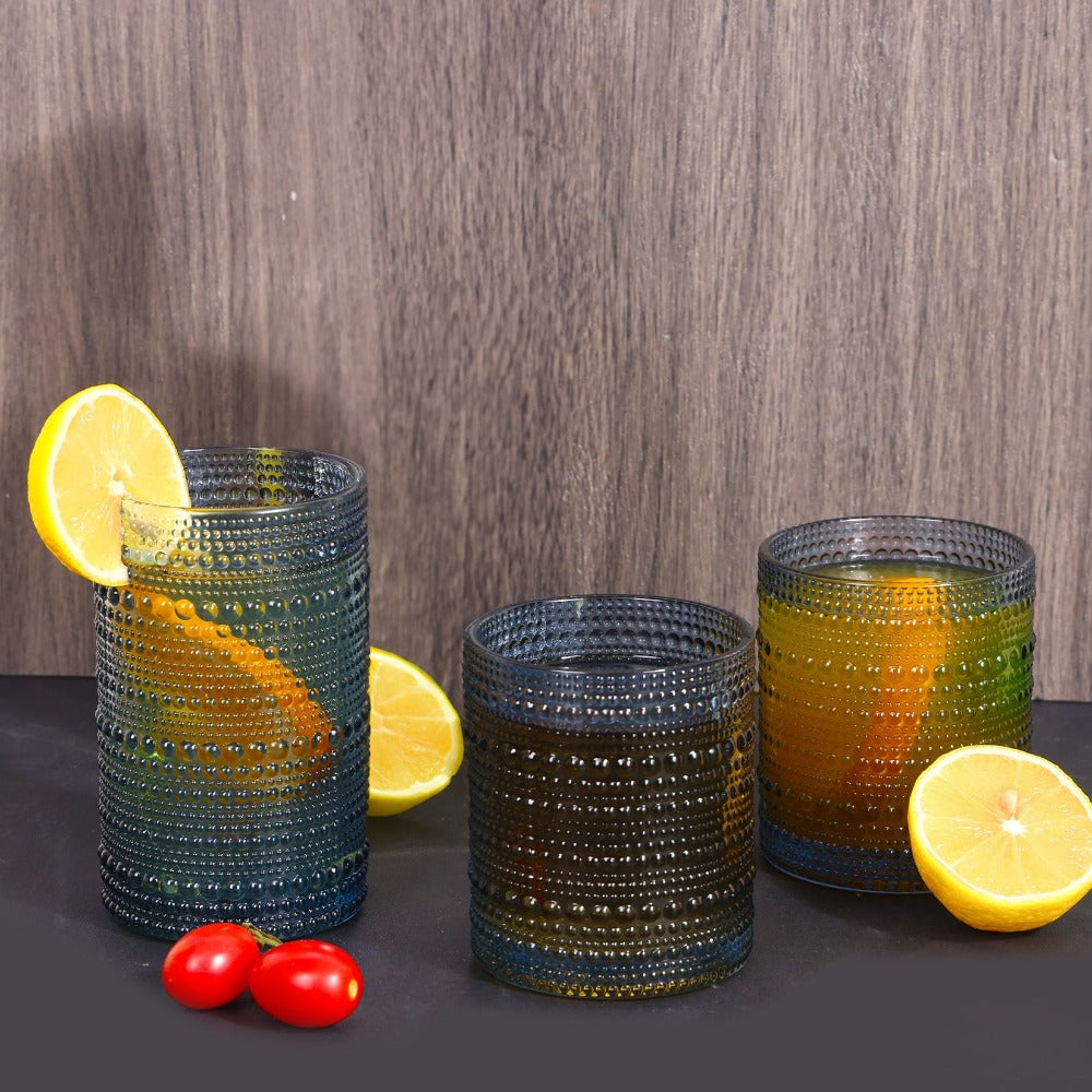 Hobnail Drinking Glasses Set 12pcs ¨C 12oz Highball & 10oz Cocktail Vintage Embossed Boho Glassware for Beer, Juice, Tea, Milk
