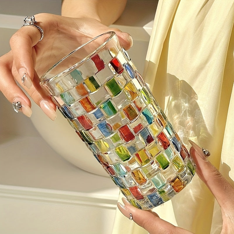 Hand-Painted Drinking Glasses Set ¨C Colorful Square Lattice Woven Handcrafted Glass for Water, Juice, Whiskey & Beer ¨C Artistic Decorative Glassware for Home Bar & Entertaining ¨C 2pc or 4pc