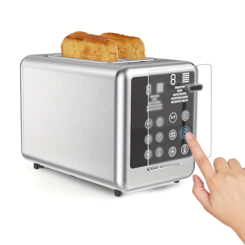 Digital Touch Screen Toaster 2 Slice Stainless Steel with 5 Bread Functions 7 Shade Settings Bagel Defrost Reheat Cancel Removable Crumb Tray LED Display Kitchen Toaster