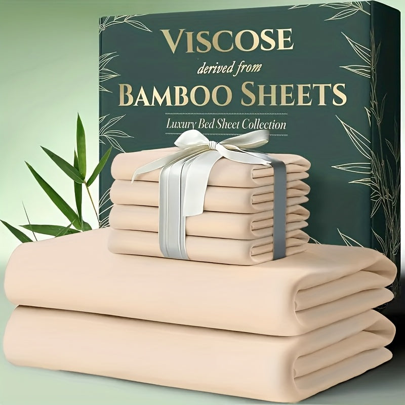 Bamboo Cooling Bed Sheets 6-Piece Set Deep Pocket Fits Twin Full Queen King Ultra-Soft Breathable Bedding for Hot Sleepers Machine Washable Double-Stitched