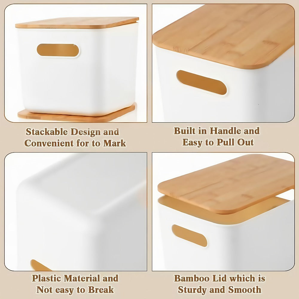 Plastic Storage Bins with Wood Lids Stackable Organizer with Handle and Labels for Home Office Kitchen Bedroom Closet Playroom 1 2 4 8 Pack