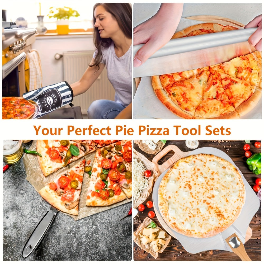 Pizza Making Set with Pizza Peel, Nonstick Pizza Pan, Perforated Pan, Pizza Cutter, Oven Mitts, Pie Server & Basting Brush, Complete Pizza Tools Kit for Oven & Grill, 7-Piece or 8-Piece