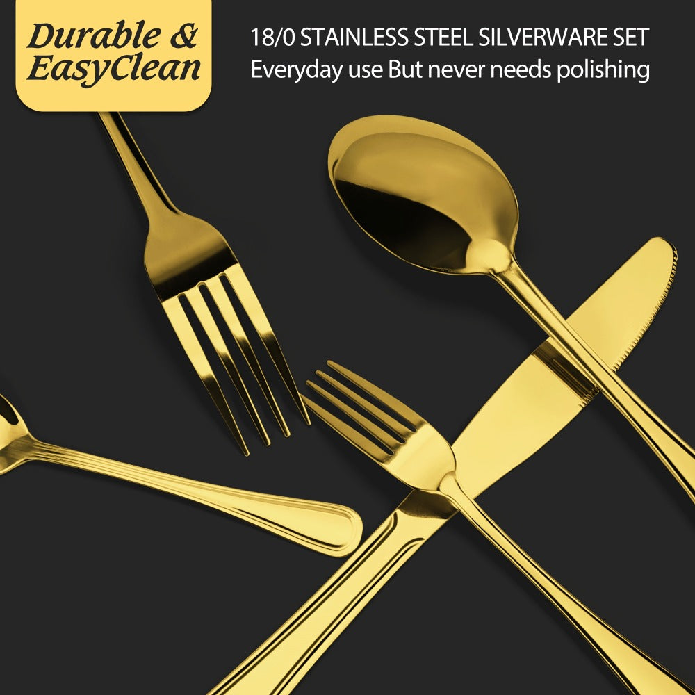 84-Piece Golden Cutlery Set Service for 12 | Knife Fork Spoon Set for Family Gatherings Camping BBQ Kitchen Utensils