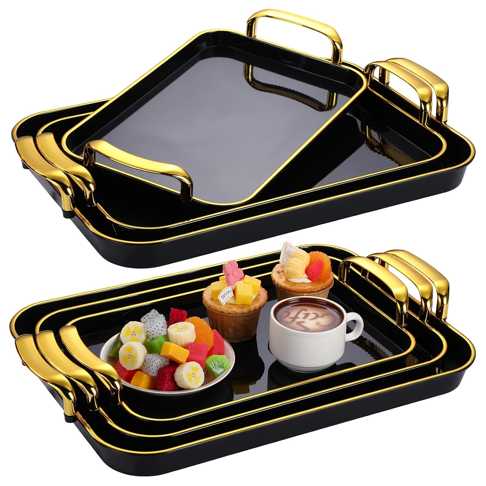 3-Piece Rectangular Serving Tray Set with Handles ¨C Plastic Food Trays for Parties, Dinners & Gatherings, 16.5/15/13.2 Inch Nested Trays for Turkey, Cake, Cheese, Fruit & Appetizers