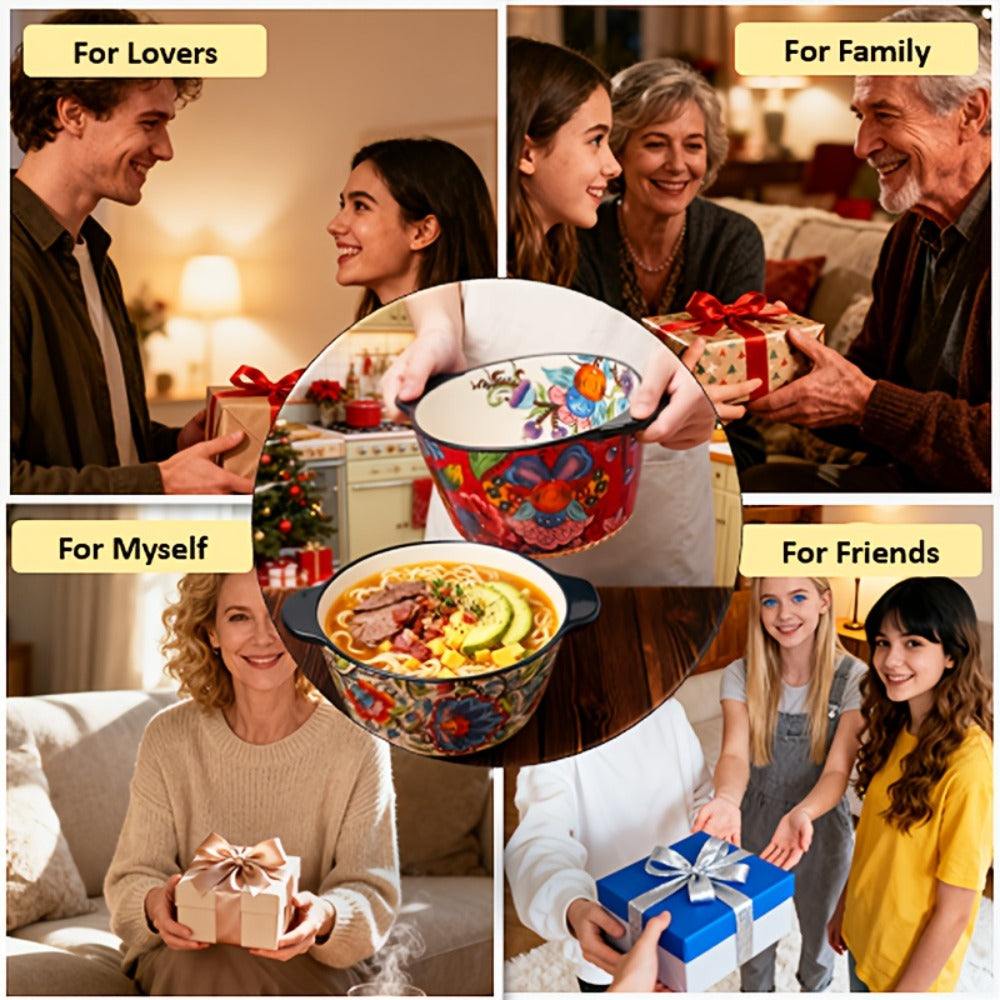 Giant Ceramic Extra-Deep Serving Bowl With Handles, 101oz, Bohemian Hand-Painted, Chip-Resistant, Microwave Dishwasher Oven Safe, Soup Salad Ice Cream Bowl, Family Kitchen Serving Set, Wedding Gift (2pcs)