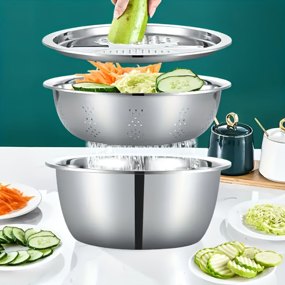Stainless Steel 3-in-1 Kitchen Prep Set with Mixing Bowl Built-In Grinder Multi-Layer Slicer and Drainage System Food Safe Prep Bowl for Fruits Vegetables Cheese
