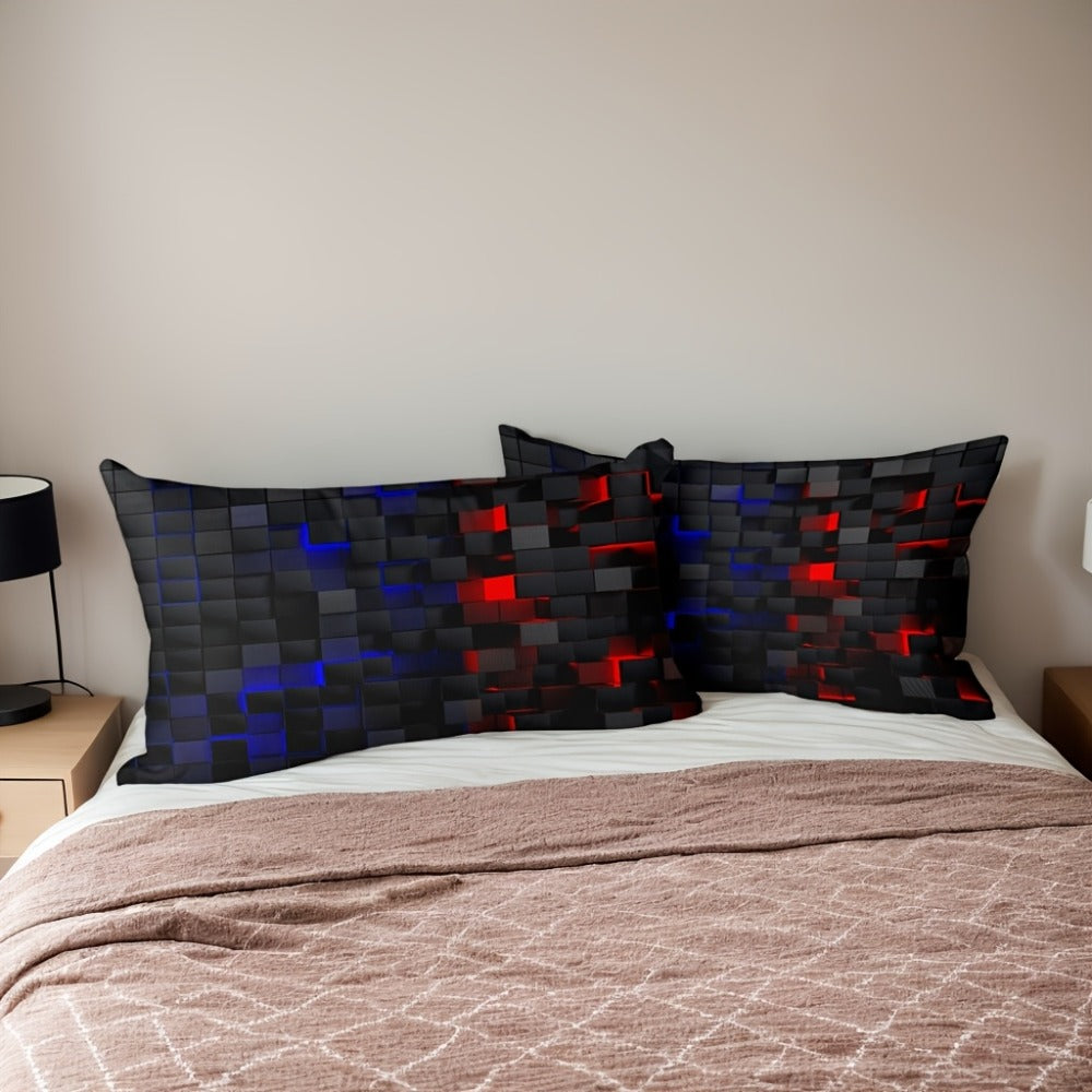 Duvet Cover Set Queen King Twin Full 3D Geometric Cube Print | 3-Piece Polyester Bedding Set | Black Blue Grid Pattern | All-Season Soft Quilt Cover + 2 Pillowcases | Machine Washable