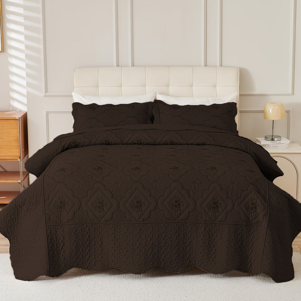 Quilt Set 3 Piece Floral Embroidery Bedspread - 100% Polyester Wrinkle Resistant Lightweight Quilted Coverlet with 2 Pillow Shams for Full Queen King Bed, Elegant Bedroom Decor in 19 Colors