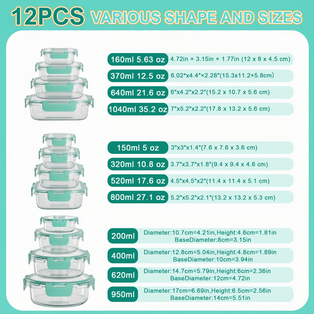 Borosilicate Glass Food Storage Containers Set ¨C 10/12/17pcs Airtight Meal Prep Bento Boxes with Locking Lids, BPA Free, Microwave & Dishwasher Safe, Leak Proof, Mixed Colors