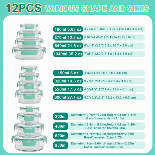 Borosilicate Glass Food Storage Containers Set ¨C 10/12/17pcs Airtight Meal Prep Bento Boxes with Locking Lids, BPA Free, Microwave & Dishwasher Safe, Leak Proof, Mixed Colors