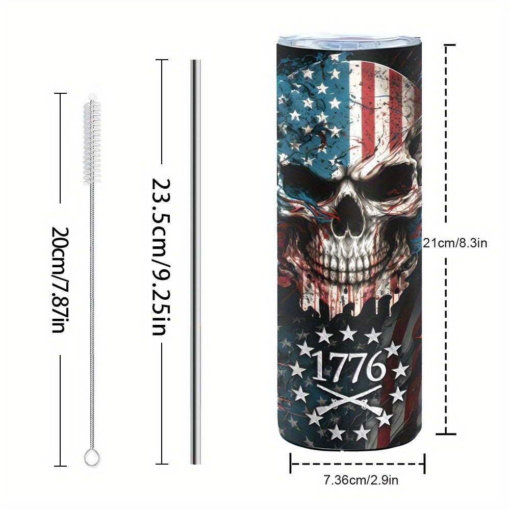 Skull Tumbler 20oz Patriotic Skull Pattern Stainless Steel Insulated Cup with Lid & Straw Travel Coffee Mug Hot Cold Drinks Gift Birthday Halloween Christmas