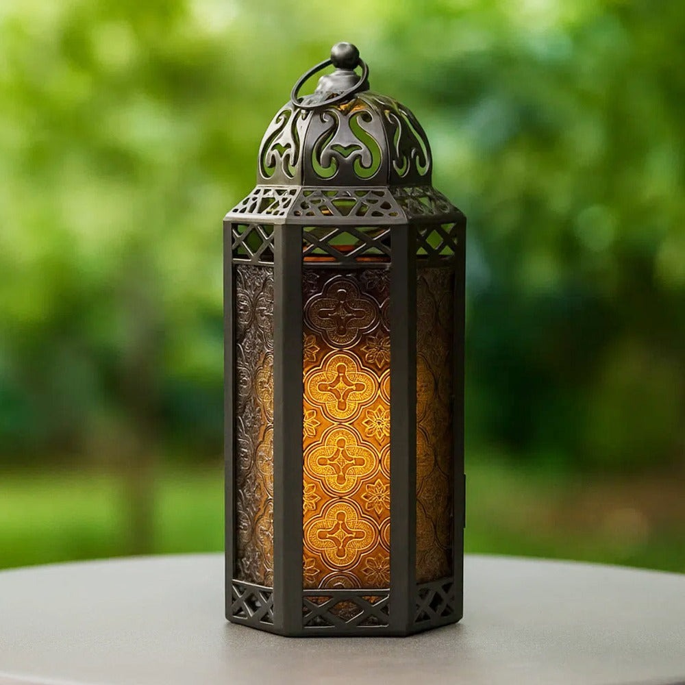 Moroccan Candle Lantern Holder - Decorative Metal & Glass Lantern with Embossed Floral Design for Indoor Home Decor, Garden, Patio, Weddings, Ramadan, Halloween & Holiday Celebrations - 10.5¡± Tall Medium Size