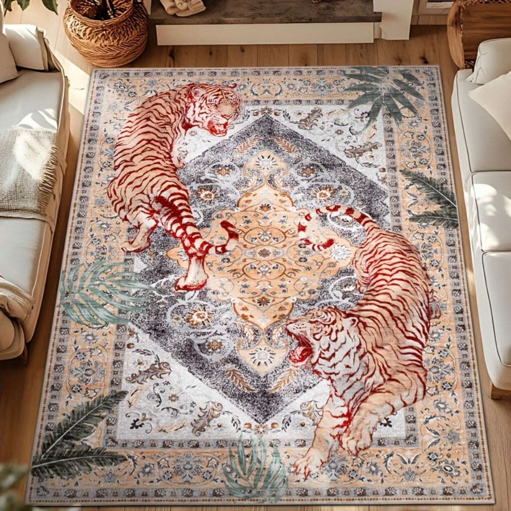 Tiger Print Rug Washable Non-Slip Area Rug - Jungle Forest Design Ultra-Thin Indoor Carpet for Living Room Bedroom Home Office, Red Green Beige, 5x7 6x9 8x10 9x12ft