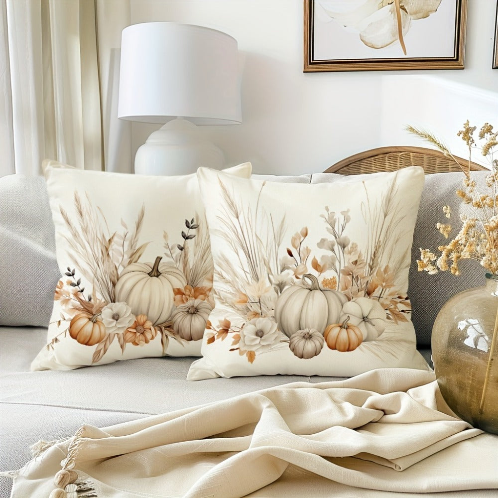 Throw Pillow Covers 18x18 Set of 4 Boho Wildflowers Fall Autumn Pumpkin Harvest Farmhouse Rustic Cushion Cases for Couch Sofa Living Room Porch Patio Outdoor Decor