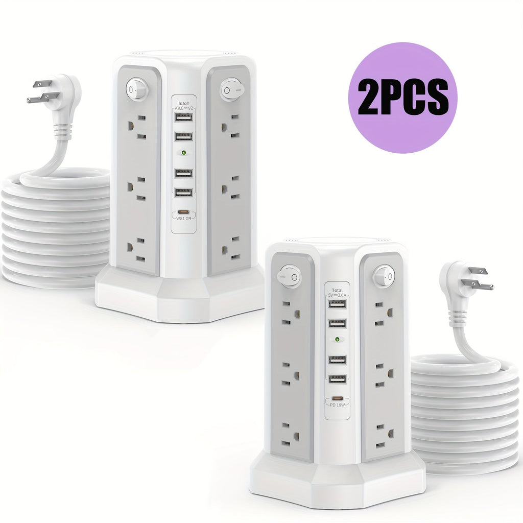 Power Strip Tower Surge Protector 16 AC Outlets 5 USB Ports PD20W USB-C Fast Charging Flat Plug Extension Cord 1500J Overload Protection Desktop Charging Station for Home Office Dorm