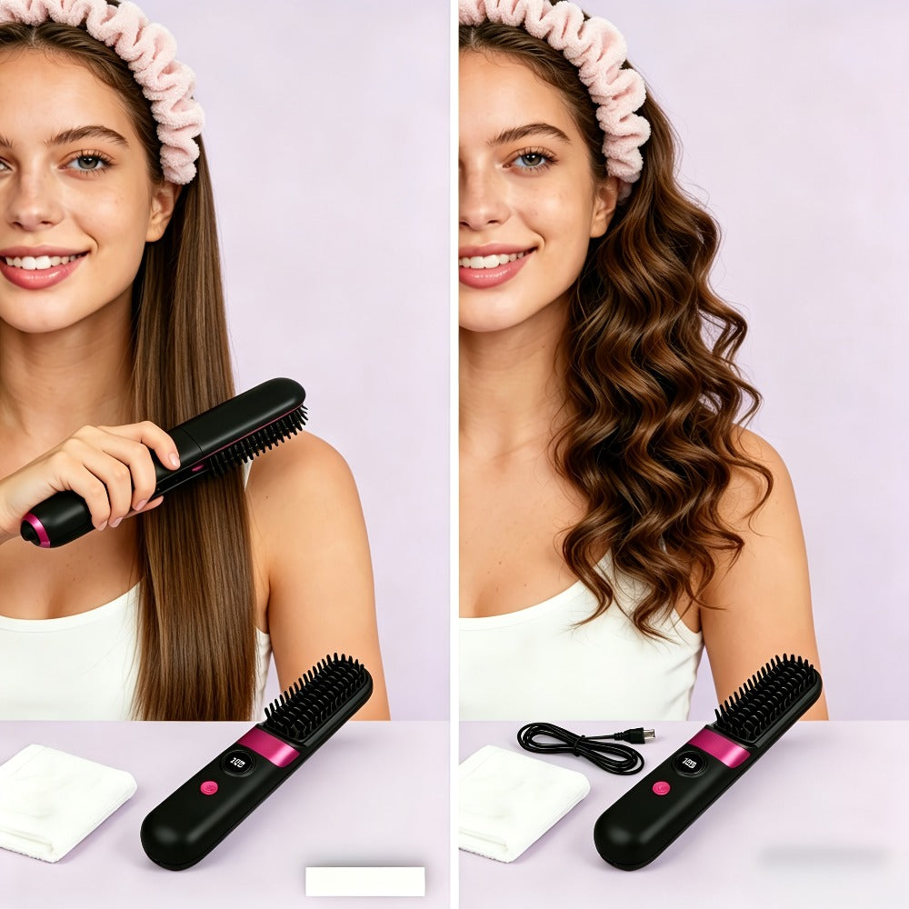 Wireless Hair Straightener Comb USB Rechargeable | Cordless Straightening Brush with Negative Ion, 3-Speed Temp Control, LED Display ¨C Travel Hair Styler
