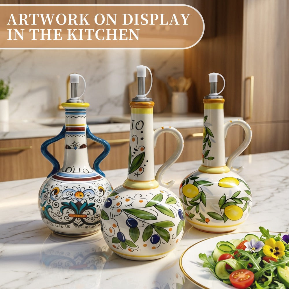 Ceramic Oil and Vinegar Dispenser Set Hand-Painted Underglaze Anti-Drip Leak-Proof Kitchen Oil Bottle with Oil Spout and Foot Pad Olive Green Lemon Yellow