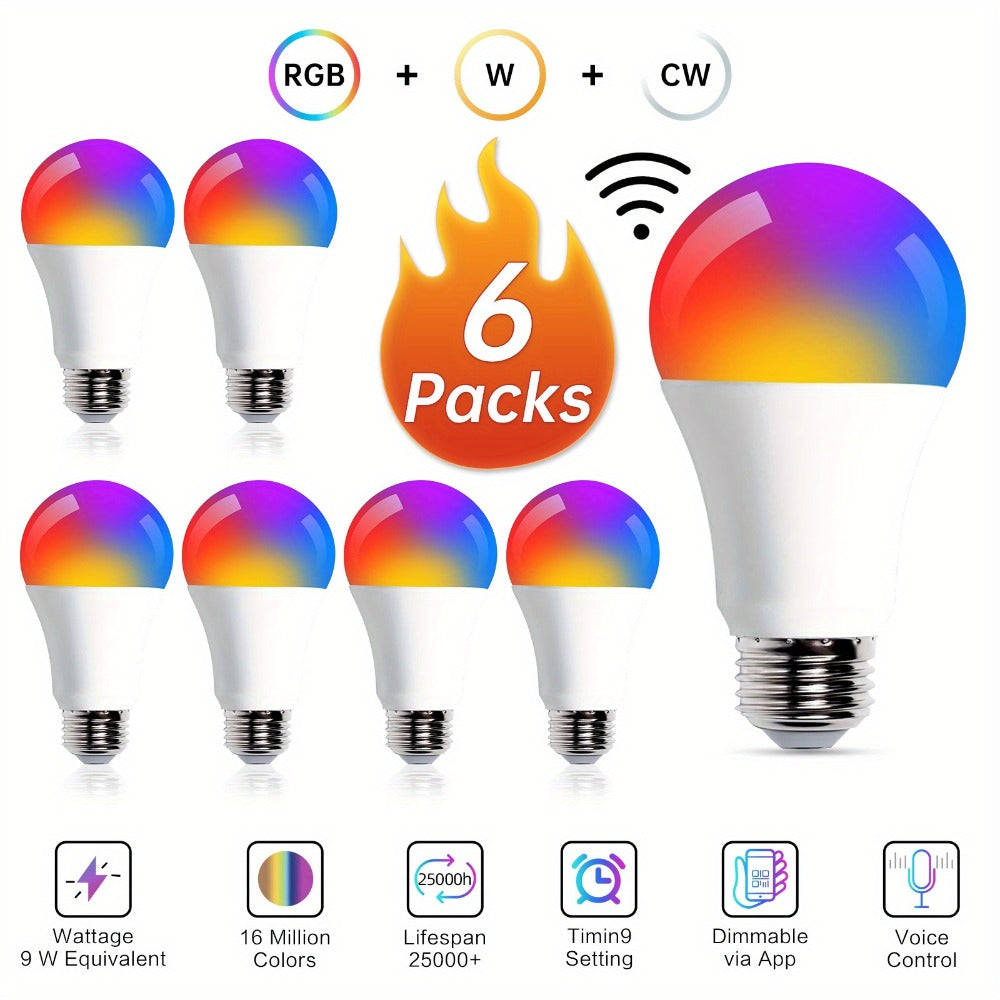 Color Changing Smart Bulbs, RGB+CW A19 E26 WiFi LED Bulb 16 Million Colors 2500K-6500K Dimmable, Works with Alexa Google Home, App Voice Control 29 Scene Modes Timer, 9W 800LM 2.4GHz No Hub Required