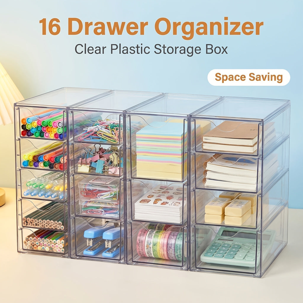 Clear Acrylic Drawer Organizer with 8 or 16 Drawers - Stackable Desktop Storage for Makeup, Jewelry, Office Supplies & Art Crafts, Modular Desk Organizer Set for Home & Office