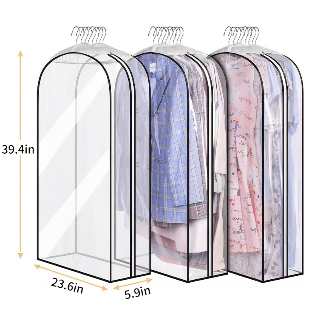 Garment Bags for Hanging Clothes, 3-Pack Transparent Suit Bags with Zipper, Heavy Duty EVA Coat Covers for Wardrobe Closet Storage, Fits 32 40 50 60 Inch Dresses Shirts Coats