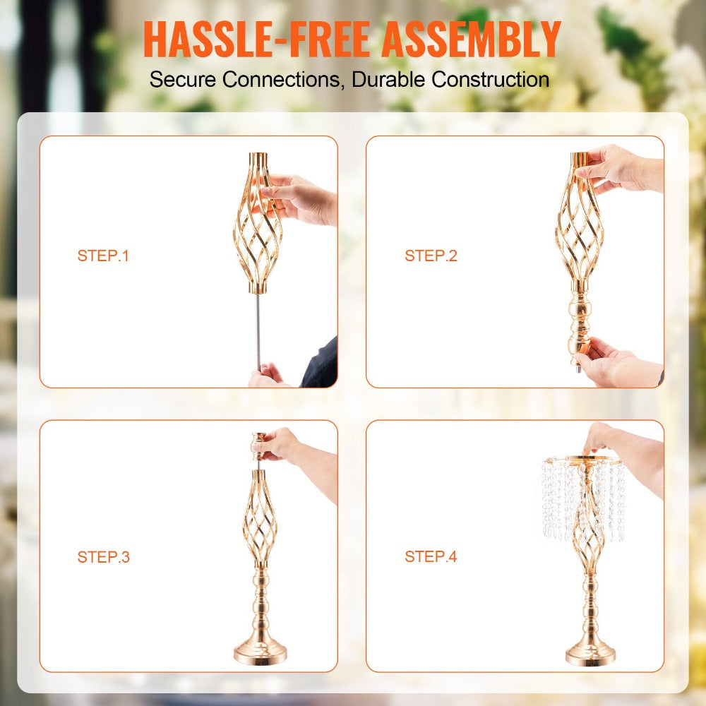 Wedding Flower Stand Vase Gold Crystal Centerpiece Tall Floral Stand for Party Table Decor Hollow Spiral Design Carbon Steel No-Tool Assembly for Weddings Events Banquets Hotels