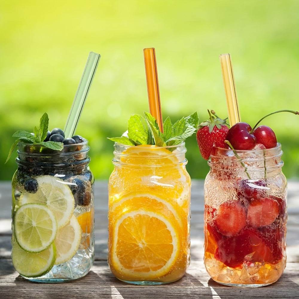 Glass Straws Reusable 12 Pack with Cleaning Brushes - Borosilicate Glass Drinking Straws 6 or 8 Inch, Clear & Colorful, Thick 12mm, Dishwasher Safe for Smoothies, Juice, Coffee & Cocktails