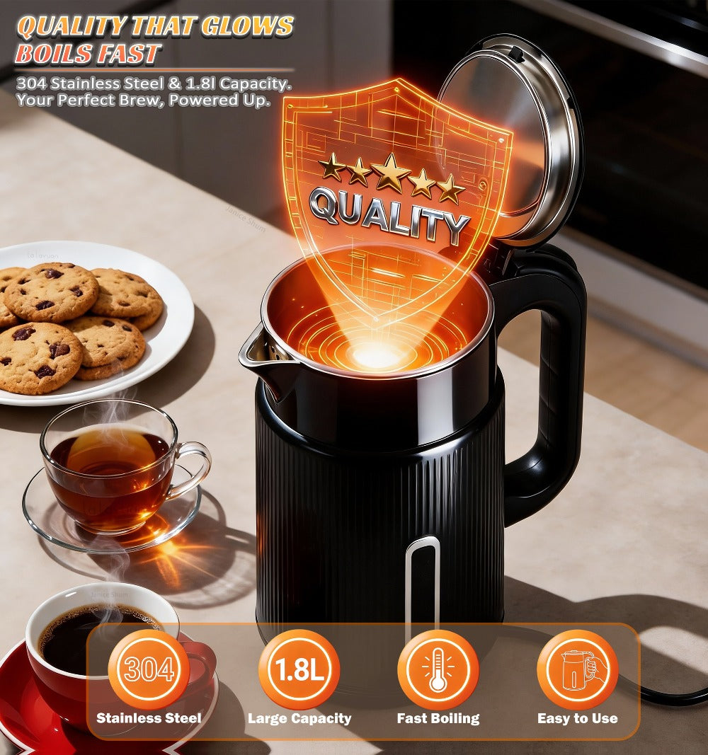 Electric Kettle 1000W Double Wall Stainless Steel ¨C 57.48oz 304 SS Hot Water Kettle with 360¡ã Rotary Base, LED Light, Auto Shut-Off & Boil-Dry Protection, Instant Water Warmer for Coffee & Tea ¨C Black