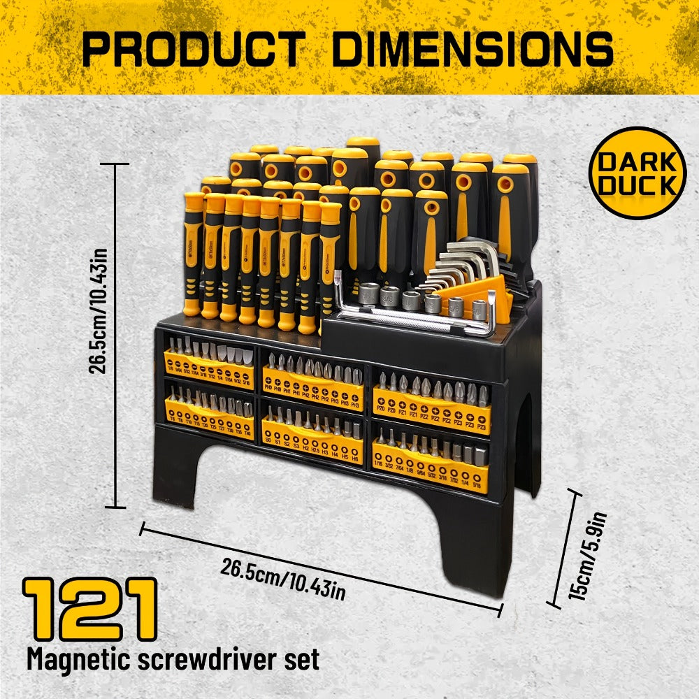 Magnetic Screwdriver Set 121-Piece ¨C Chrome Vanadium Steel, Non-Slip Handle, Multi-Size Bits with Storage Rack, Magnetic Bowl, Gloves & Nail Puller ¨C Complete DIY Tool Kit Gift for Men