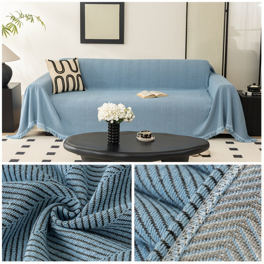 Herringbone Sofa Throw Cover with Tassels Jacquard Woven Solid Color Washable Polyester Sofa Blanket Slipcover for 3 4 Seater Couch Living Room - Grey Coffee Green Blue