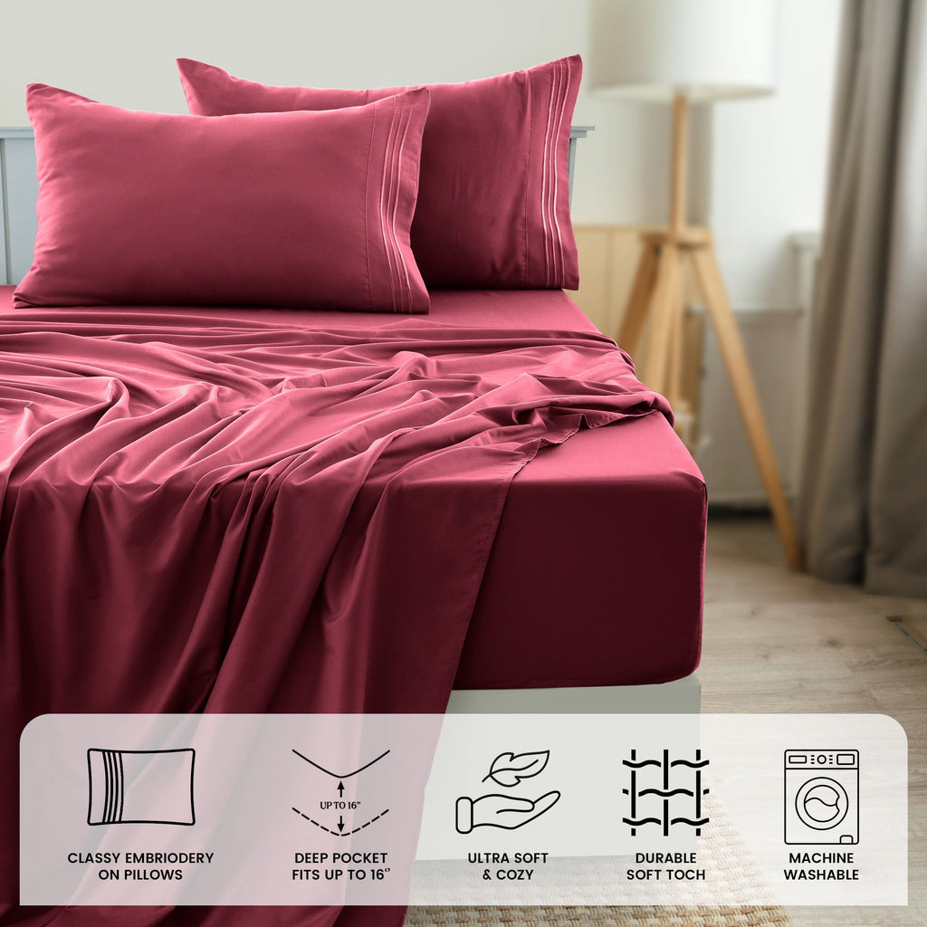 Fitted Sheet Set 6-Piece Brushed Polyester Deep Pocket Bed Sheets 20 Colors Hotel Luxury Soft Bedding with Embroidered Pillowcases