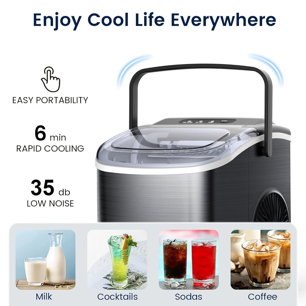 Pebble Ice Maker Countertop ¨C 26 Lbs/24H, 2 Ice Cube Sizes, Sonic Bullet Ice Machine, Auto-Cleaning, Stainless Steel, Ice Scoop & Basket, Optional Descaler Kit for Home, Kitchen, Camping & RV