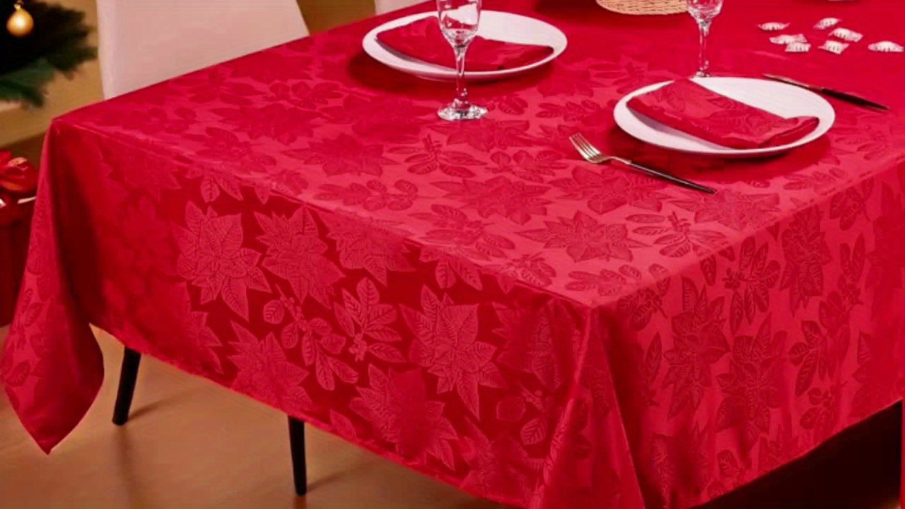 Christmas Tablecloth Red Floral Jacquard Rectangle Table Cover for Holiday Dinner Party Indoor Outdoor