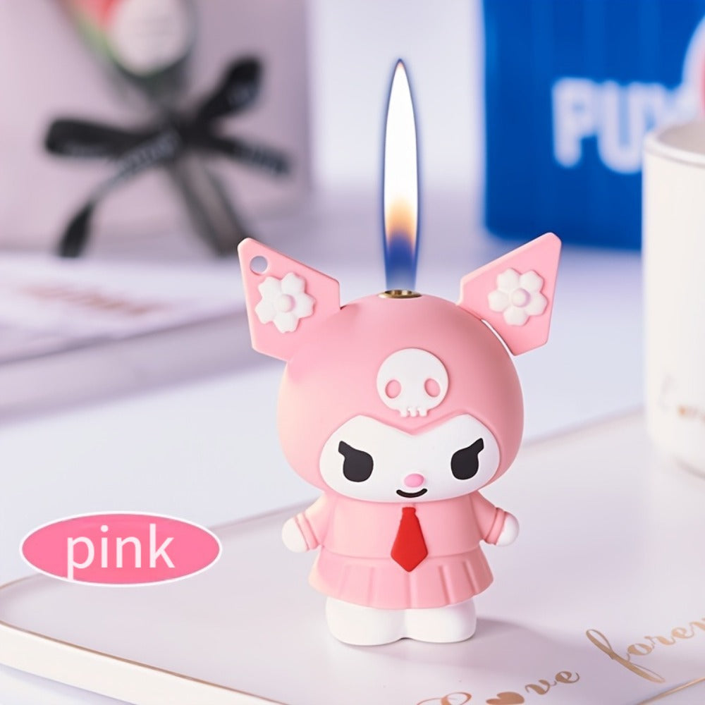 3D Kawaii Anime Figure Lighter with Chain, Cute Kuromi Sanrio Cartoon Open Flame Butane Lighter, Unique Kawaii Gift for Anime Fans, Available in 3 Colors ¨C Black, Purple & Pink (No Butane Included)