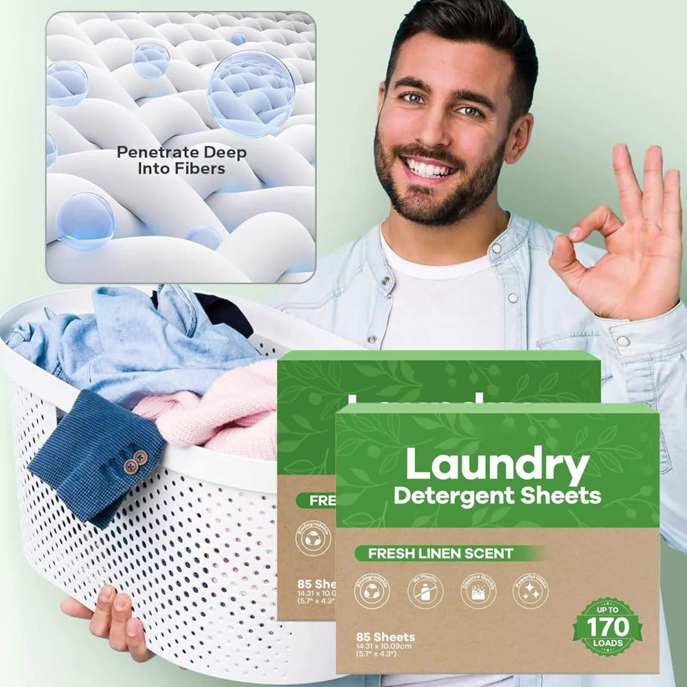 Laundry Detergent Sheets 85 Sheets 170 Loads ¨C Liquid-Free Eco Laundry Strips, No Plastic Jug, Fresh Linen Scent, HE & Standard Washer Compatible