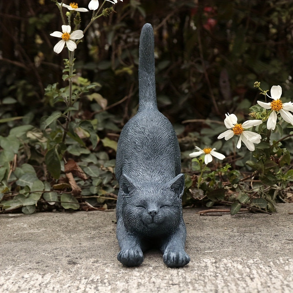 Yoga Cat Statue Hand-Painted Stretching Cat Figurine Grey Resin Decorative Sculpture for Home Office Garden Indoor Outdoor Decor Cat Lover Gift High-Quality Finish Stylish Ornament