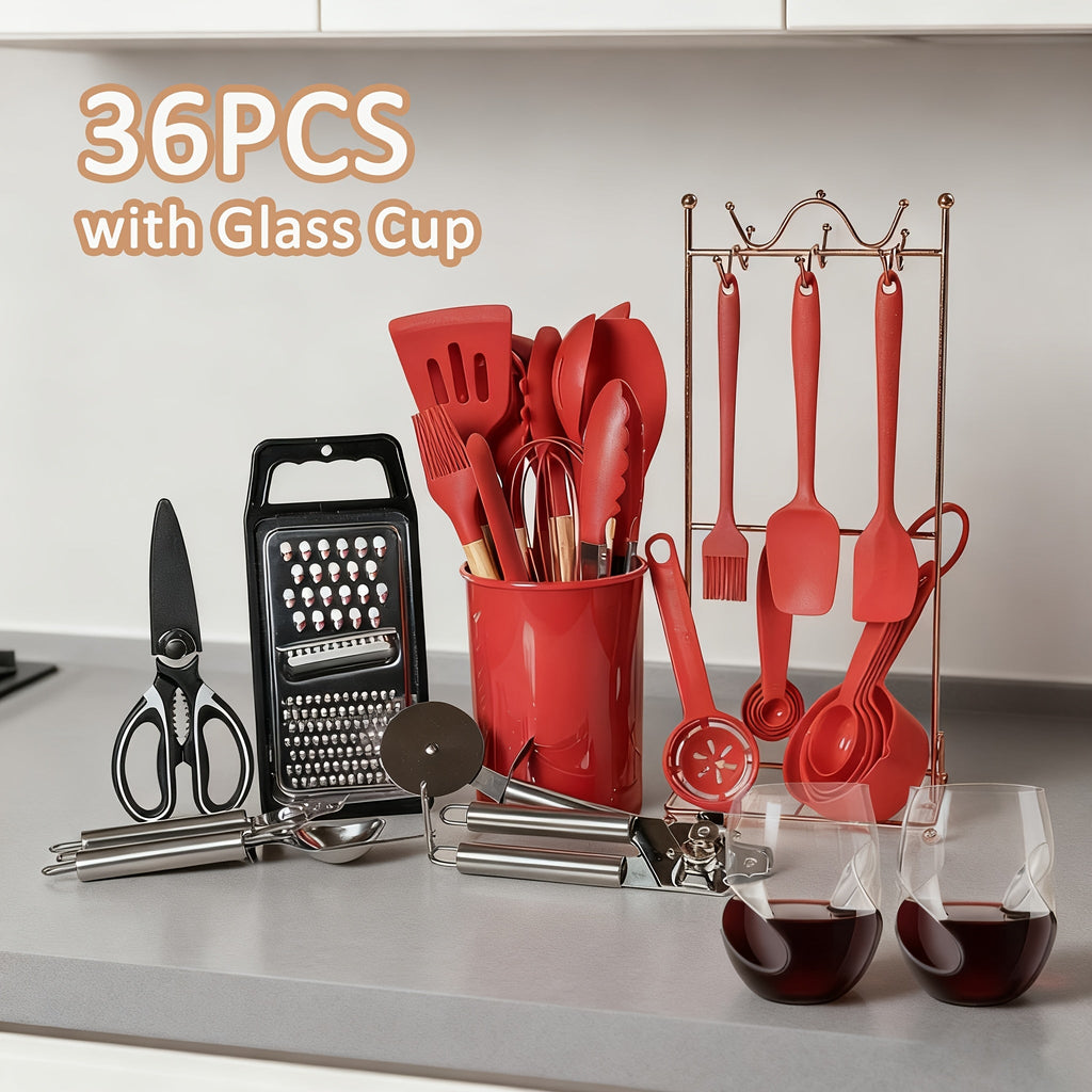 Silicone Cooking Utensils Set 35-Piece with Holder Rack Wooden Handle Heat Resistant Kitchen Tools for Non-Stick Pans ¨C Complete Kitchen Utensil Set in Multiple Colors